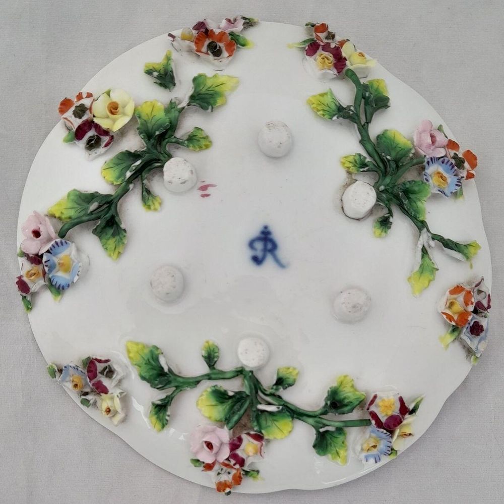 Saucer base - Dresden porcelain cup & saucer applied flowers hand painted insects antique late 19th C - lobed shape on six stilt feet - Meissen style - monogram JR
