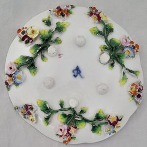 Saucer base - Dresden porcelain cup & saucer applied flowers hand painted insects antique late 19th C - lobed shape on six stilt feet - Meissen style - monogram JR