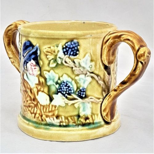 left back - Miser -Novelty Frog Loving Cup Jolly Topers - Prattware underglaze coloured - Kilnhurst Pottery Yorkshire - moulded The Miser & Grapevines - Antique c 1860