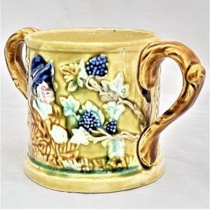 left back - Miser -Novelty Frog Loving Cup Jolly Topers - Prattware underglaze coloured - Kilnhurst Pottery Yorkshire - moulded The Miser & Grapevines - Antique c 1860