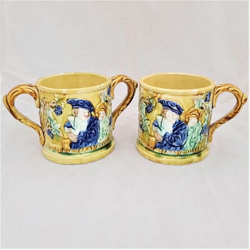 Loving cup and mug together - jolly Topers -Novelty Frog Loving Cup Jolly Topers - Prattware underglaze coloured - Kilnhurst Pottery Yorkshire - moulded The Miser & Grapevines - Antique c 1860