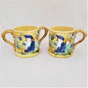 Loving cup and mug together - jolly Topers -Novelty Frog Loving Cup Jolly Topers - Prattware underglaze coloured - Kilnhurst Pottery Yorkshire - moulded The Miser & Grapevines - Antique c 1860