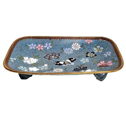 Front view no background - Japanese shippo cloisonne turquoise enamel bracket footed small rectangular dish decorated with butterfly & flowers - Antique Meiji period circa 1900