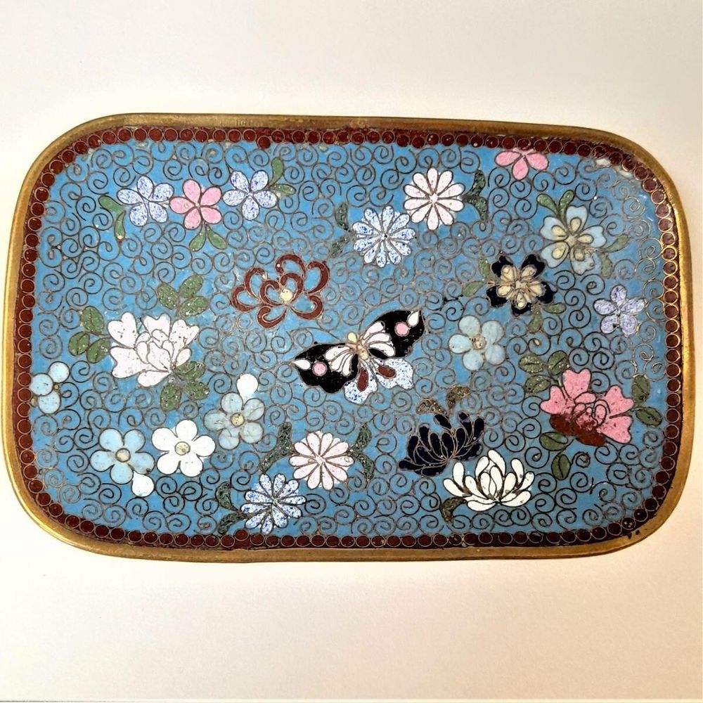Top view - Japanese shippo cloisonne turquoise enamel bracket footed small rectangular dish decorated with butterfly & flowers - Antique Meiji period circa 1900