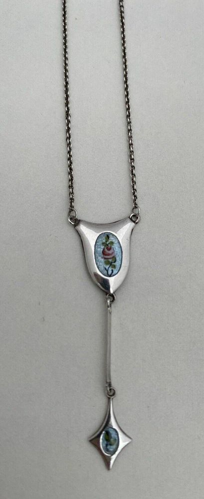 Antique Silver & Enamel Charles Horner Dropper Necklace Pink Rose Spray on Pale Blue Guilloche Enamel circa 1915
