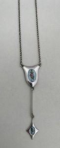 Antique Silver & Enamel Charles Horner Dropper Necklace Pink Rose Spray on Pale Blue Guilloche Enamel circa 1915