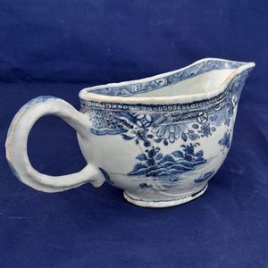 Right rear view river & island side - Chinese Export Porcelain Blue & White Sauce Boat Garden Terrace Pattern with River & Island - Bulbous shape Gadrooned & unfooted - Qianlong Qing 1760