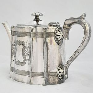 left back handle view - James Dixon & Sons silver plated Commode shaped EPBM tea pot engine engraved design - antique George V circa 1920 2 pint capacity