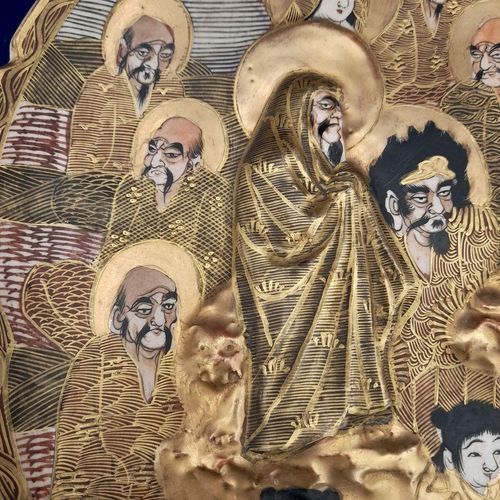 detail Bukan and tiger - Japanese Satsuma Pottery Low relief Moulded Plate Painted Immortals or Lucky Gods with Halos marked Satsuma & Shimazu mon - Antique Meiji circa 1900