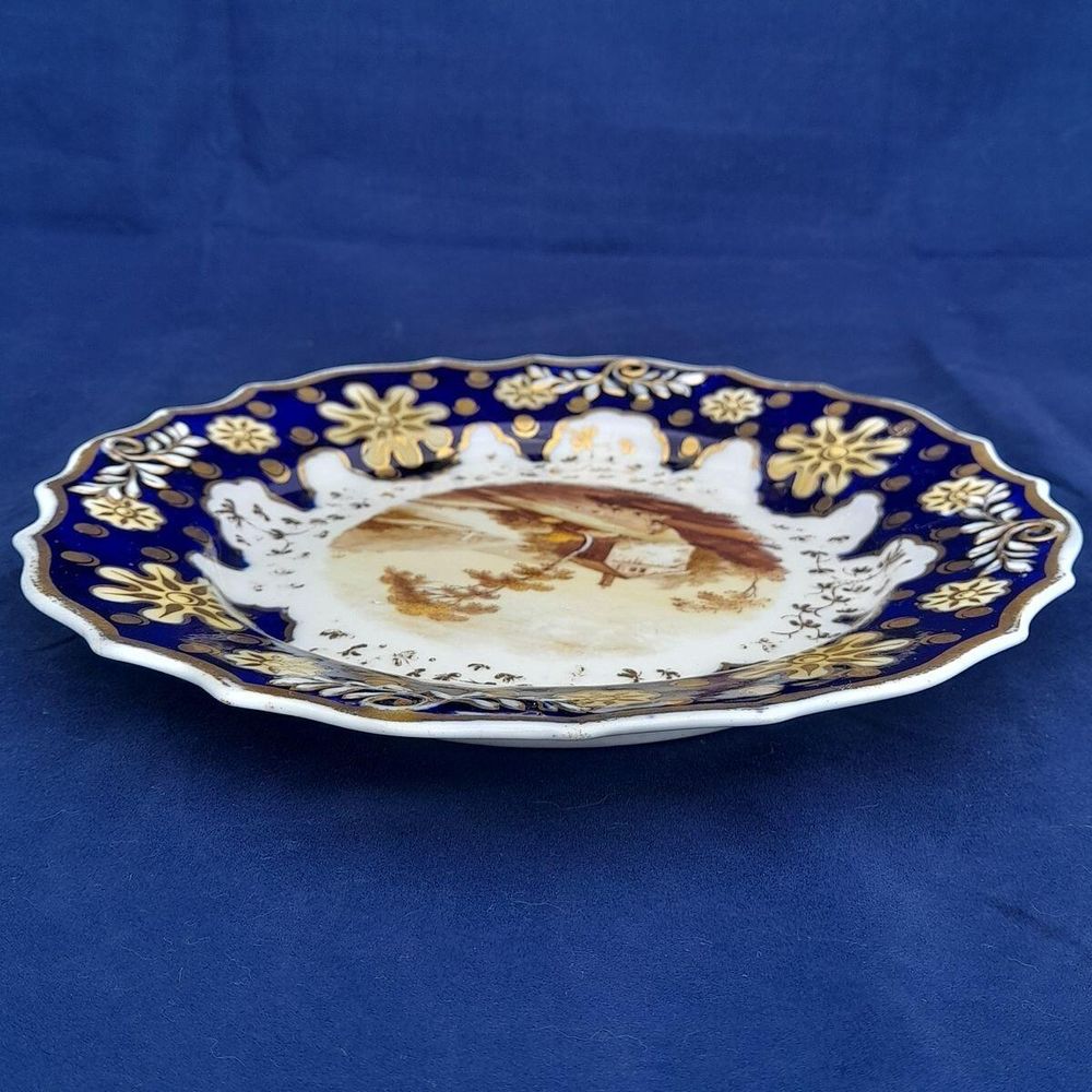 Top left edge view - Ridgway Regency Porcelain loop sprigged dessert plate - Pattern 941 Topographical scene c 1810