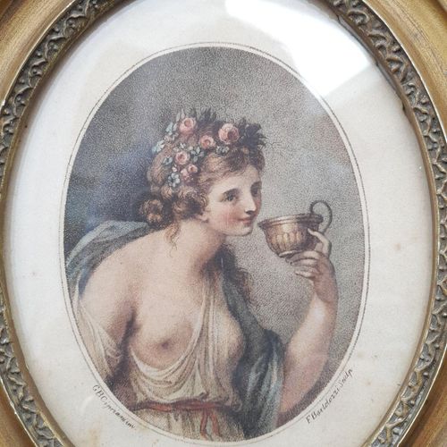 Close up of bacchante image : Antique Francesco Bartolozzi hand coloured stipple engraved Print of a Bacchante after a painting by Giovanni Battista Cipriani circa 1780 Oval Frame