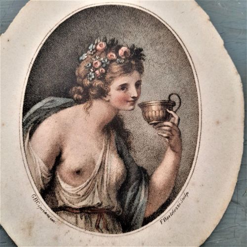 Close up of Bacchante image unglazed : Antique Francesco Bartolozzi hand coloured stipple engraved Print of a Bacchante after a painting by Giovanni Battista Cipriani circa 1780 Oval Frame
