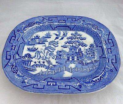 Antique Meat Platter Deep Well & Tree Blue & White Willow 17" x 13" x 2.5" 1840