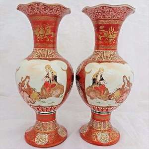 Pair Antique Japanese Kutani HP Porcelain Vases Meiji Cockerel Komainu 狛犬 14.5"