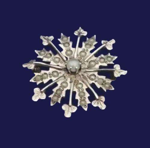 Antique Victorian Silver Starburst Brooch with Faux Split Pearls 1 inch c 1890