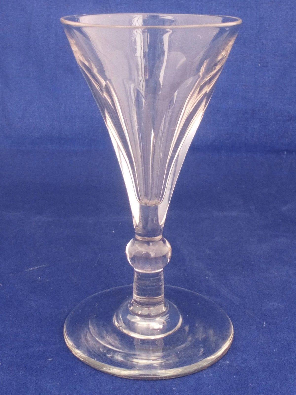 Antique Regency Wine Glass Panel Cut Drawn Trumpet Bowl Ball Knop Stem ca 1820