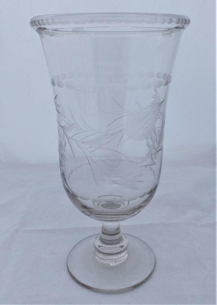 Engraved Glass Celery Vase Folded Rim Bell Shaped Stem Antique Victorian