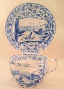 Wedgwood Bone China Bute Shape Tea Cup & Saucer Blue Transferware c 1815