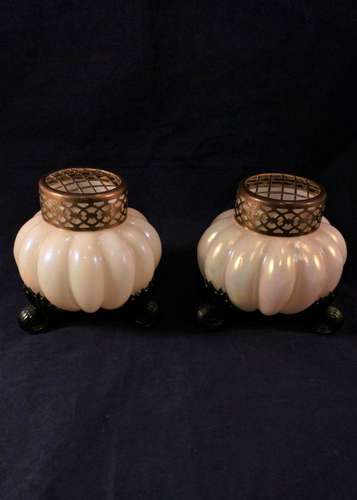 Pair Kralik Art Glass Rose Bowls Opalescent Pearlescent Glass Antique c 1890.