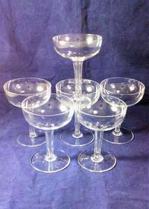 Vintage Set 6 Crystal Glass Champagne Coupes or Saucers Hollow Stems Art Deco