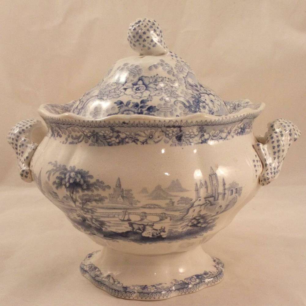 Antique Blue and White Transferware Sauce Tureen River Landscape circa 1850