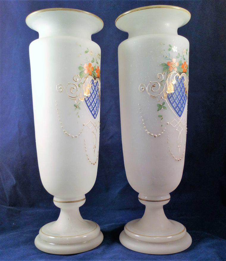 Pair Frosted Opaline Bristol Glass Vases Hand Painted Hearts  Antique c 1880 27cm