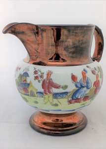 Antique Copper Lustre Hand Coloured Chinoiserie Printed Jug  c 1825