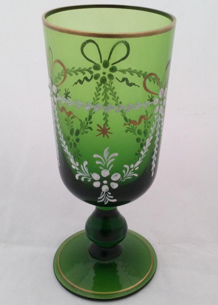 Bristol Green Small Ale Glass White Enamel Gilding Antique Victorian c 1880