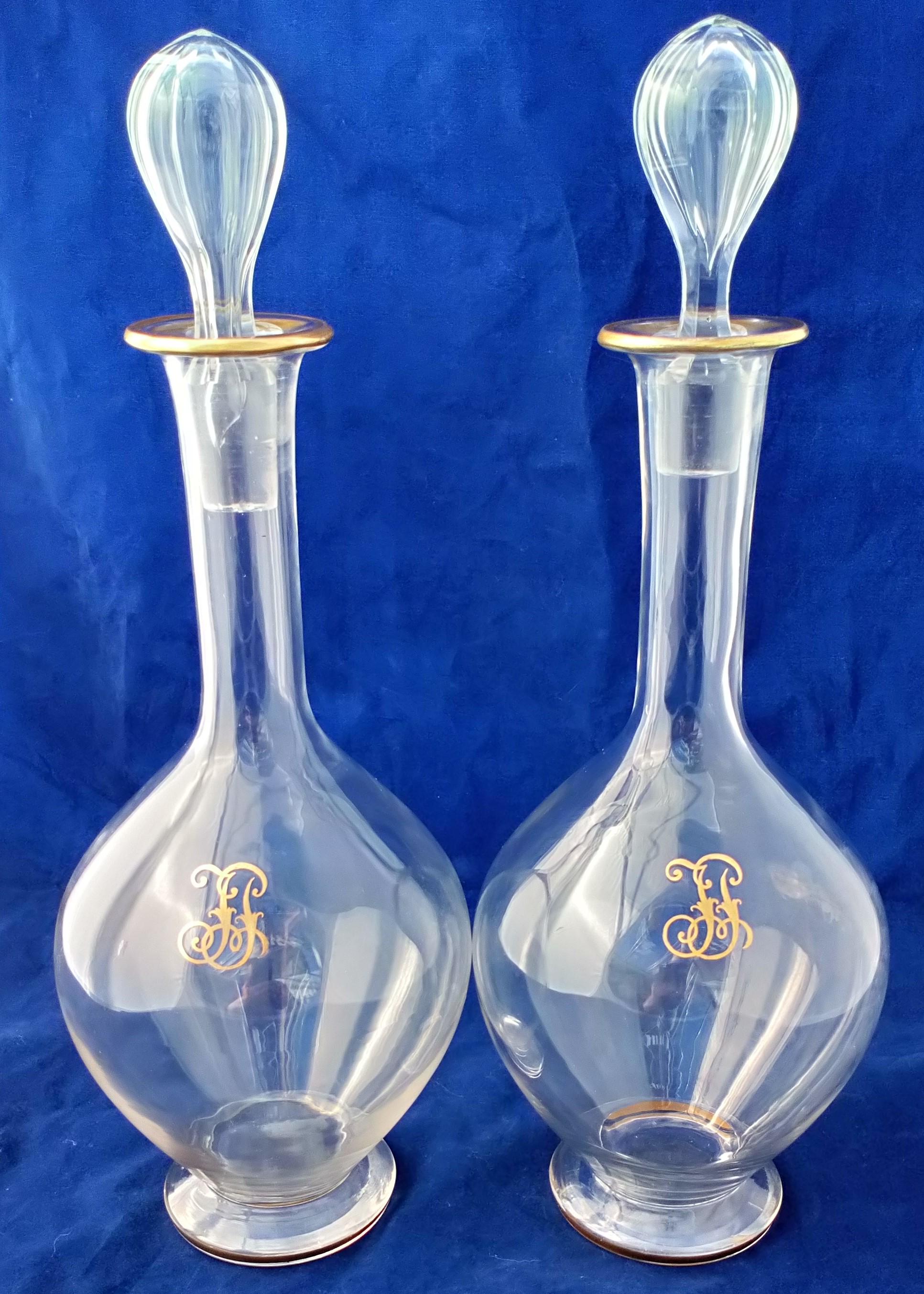 Pair Decanter Late 19th Century Clear Glass Pear Footed Decanters FJ Monogram