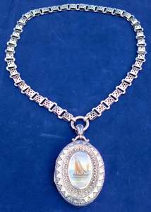 Antique Large Silver Enamelled Locket Sailing Yacht with Book Chain HM 1908-09