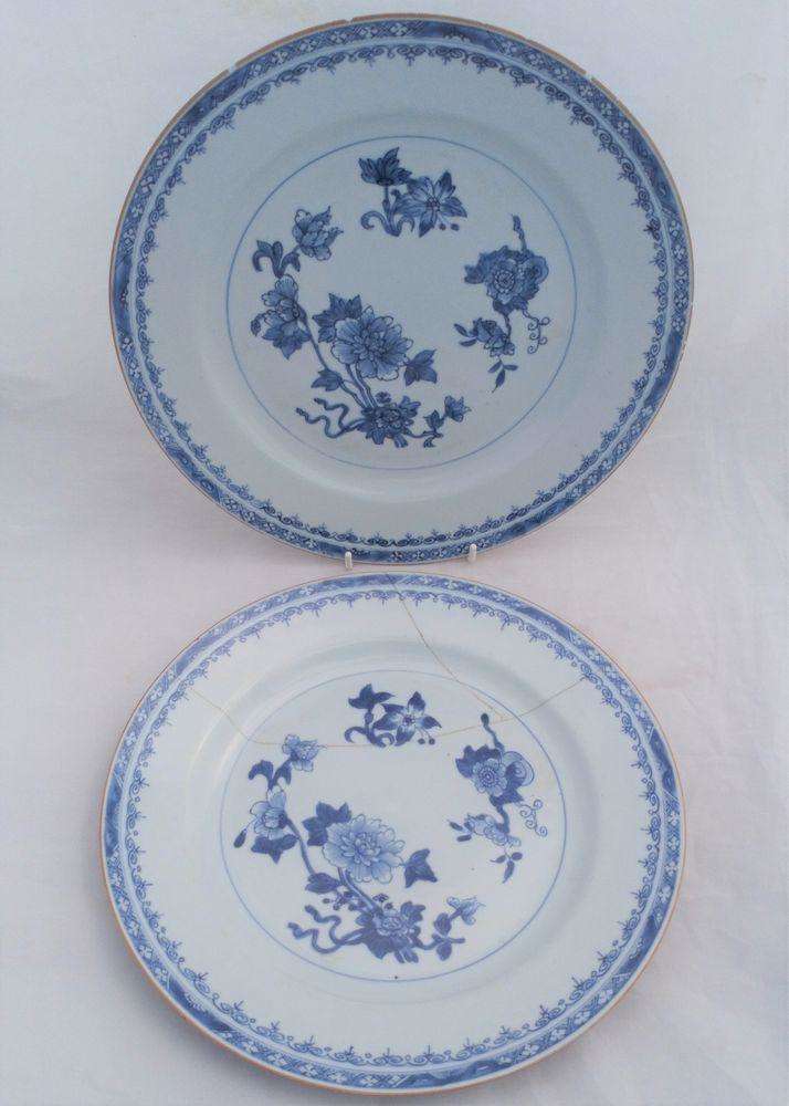 Pair Large Chinese Porcelain Dishes Blue White Batavian Rim Qianlong 1740