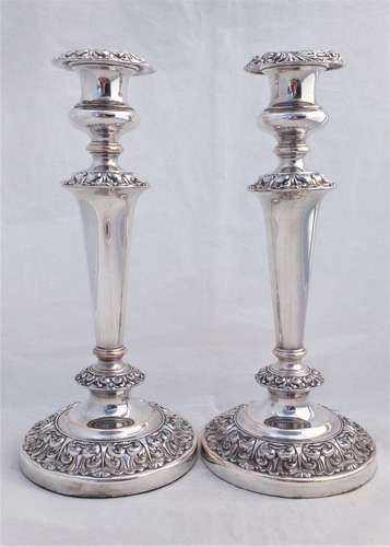 Large Pair Silver Plated Candlesticks 32 cms Silver on Copper Antique c 1890