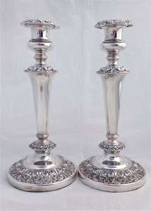 Large Pair Silver Plated Candlesticks 32 cms Silver on Copper Antique c 1890