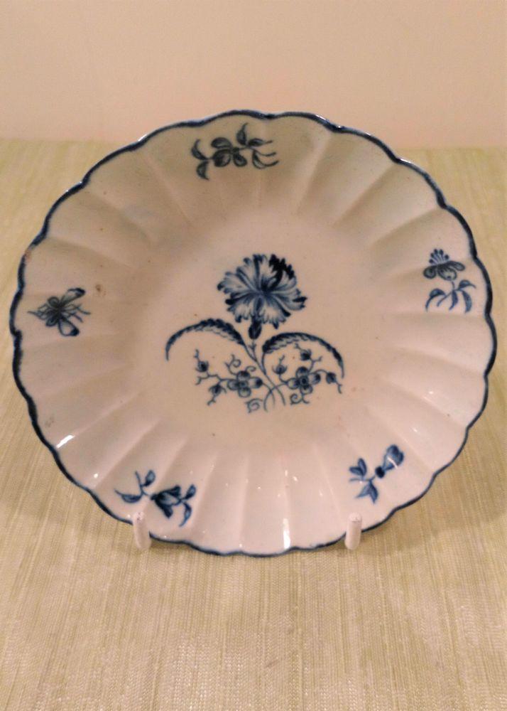 Worcester Porcelain Dr Wall Gilliflower Pattern Ribbed Blue and White Saucer Antique c 1770