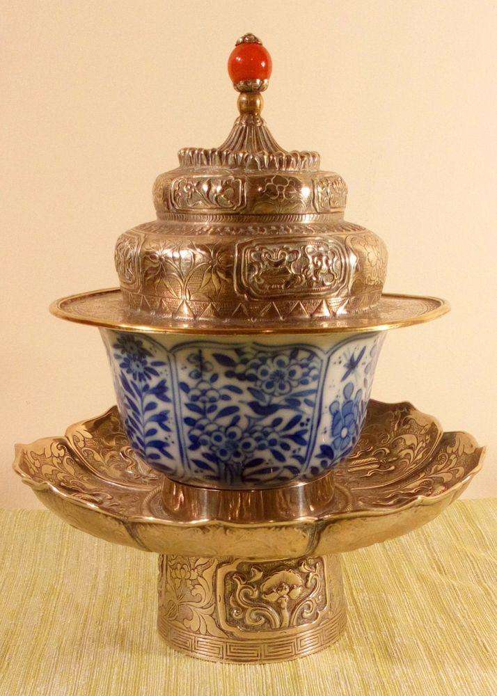 Antique Tibetan 19th C Tea Bowl Stand And Cover with Kangxi 康熙 18th C Qing 清代 Porcelain Bowl