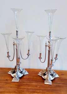 Antique Pair of Silver Plated Epergne Stands Phoenix Mounts Glass Trumpet Horns Victorian Neo Classical circa 1870