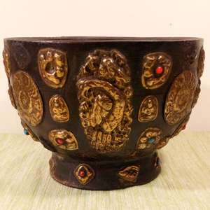 Antique Wooden Tsampa Bowl Tibetan Nepalese Brass Buddhistic Mounts c 1900