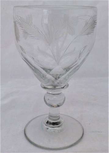 Antique Georgian Petal Cut Wide Ogee Bowled Ale Glass Engraved Hops and Barley Decoration circa 1820