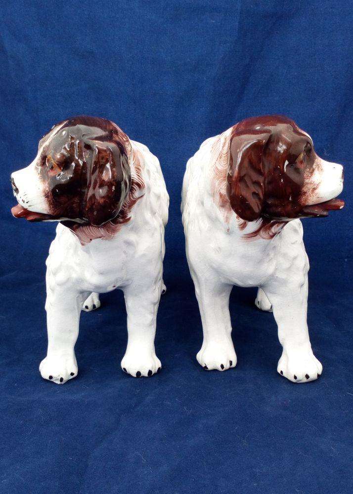 Antique Pair Staffordshire Pottery Dog Figures St Bernard Standing Dogs circa 1890