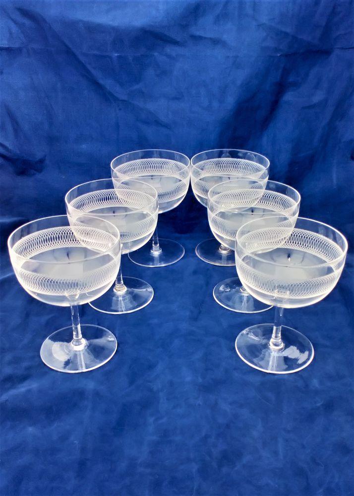 Set of six antique Edwardian Champagne saucers or Champagne coupes etched "Concentric Circles" pattern circa 1910