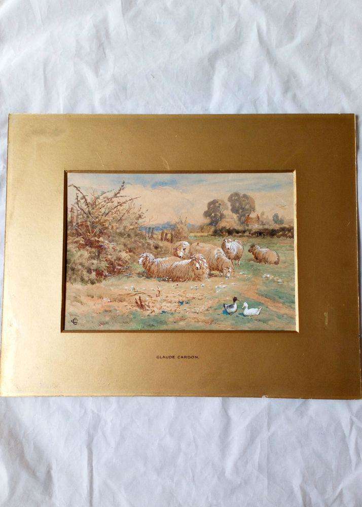 Antique Gilt Framed Glazed and Gilt Mounted Claude Cardon Watercolour  painting Titled A Field at Whitstable Kent with sheep and ducks circa 1900
