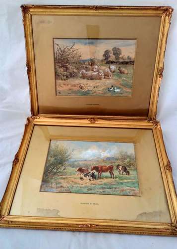 Antique Gilt Framed Glazed and Gilt Mounted Claude Cardon Watercolour  painting Titled A Field at Whitstable Kent with sheep and ducks circa 1900