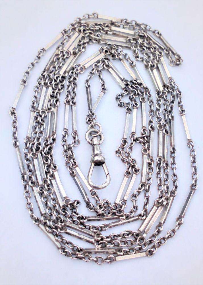 Antique Victorian Silver Fancy Link 60 inches Long Guard chain or Muff Chain with a Dog Clip circa 1880