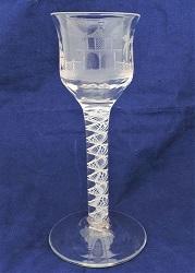 Georgian Love of Chinoiserie An Engraved Bowl Opaque Twist Wine Glass circa 1760