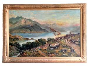 Antique Victorian Oil Painting of European Lake and Mountain Landscape Scene Monogram GKM Dated 1873 Possibly Lake Walen Switzerland