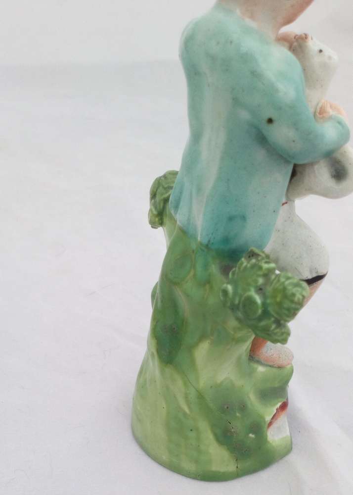 Antique Pair of Enamelled Pearlware Sherratt Style Bocage Figurines of Shepherd with Dog and Shepherdess with lamb circa 1820