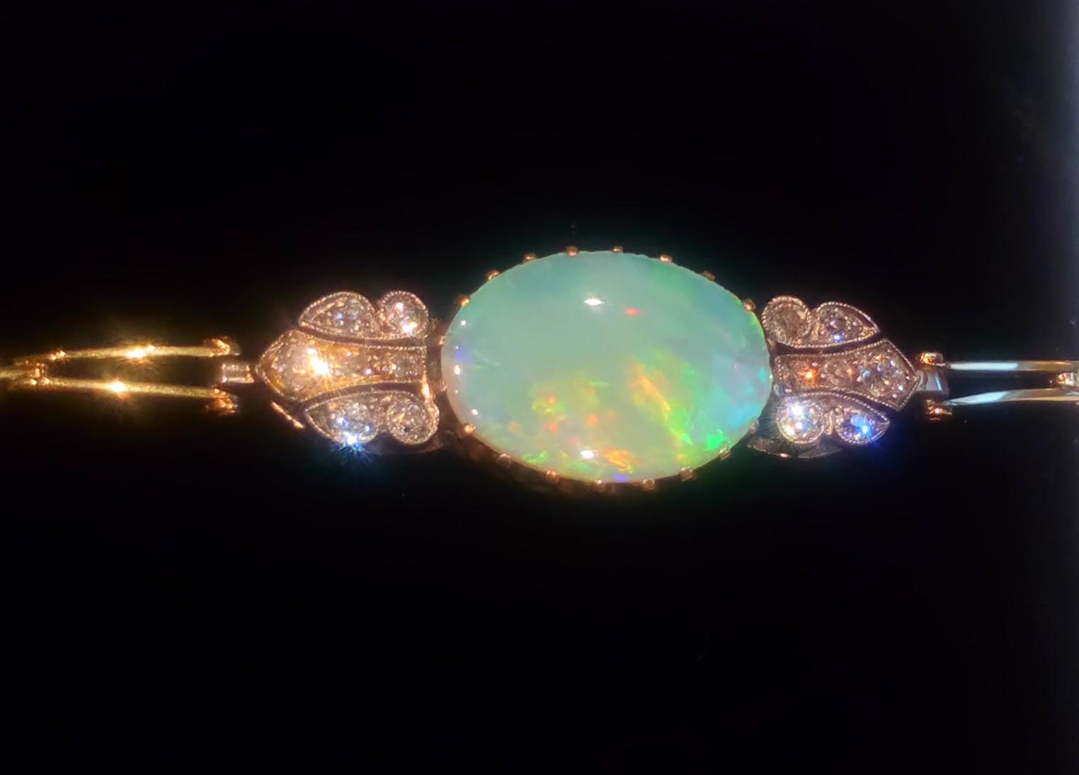 Art Deco 14ct Gold 10 carat Fiery Opal Diamond Set Shoulders Bracelet c 1930s