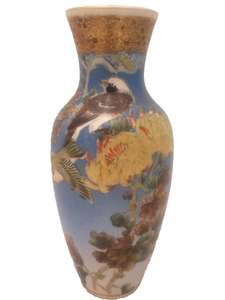 Antique Japanese Satsuma Pottery Baluster Vase Hand Painted Birds Butterfly and flowers Meiji c 1900
