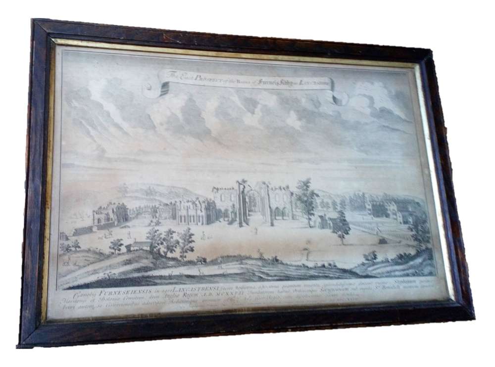 Antiquarian framed engraving of St Mary's Abbey or Furness Abbey Lancashire engraved by George Vertue for the Vetusta Monumenta in 1727 for the Society for Antiquaries of London