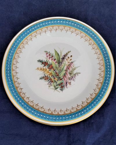 An antique Royal Worcester Porcelain Botanical Dessert Plate Heather Pattern number 8893 impressed date code 1904 Jewelled rim